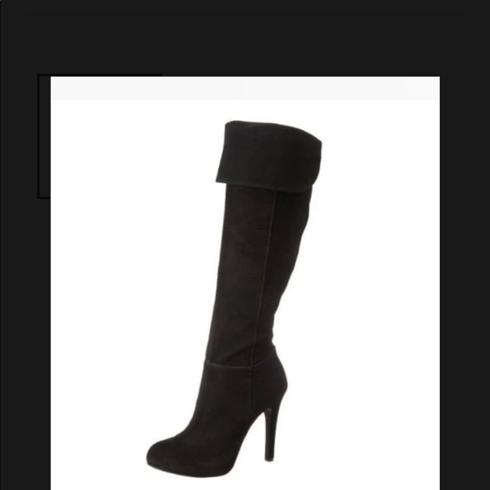 Knee high, black suede high heel boots